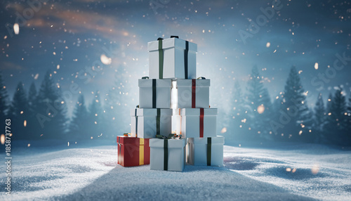 Large Stack of Christmas Gifts in Snowy Forest