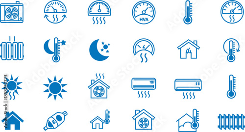 A collection of 20 small blue icons representing various weather and temperature symbols