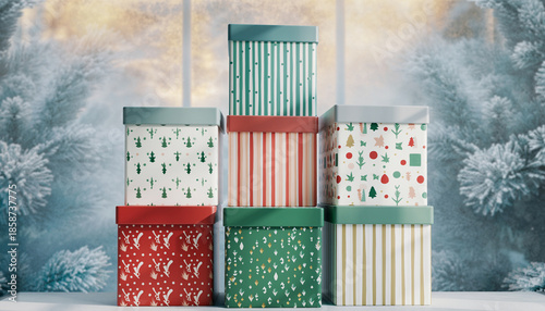 Stack of Patterned Christmas Gift Boxes