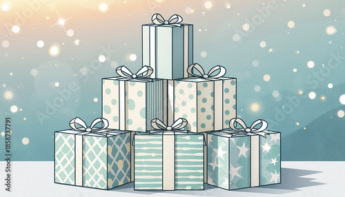 Pyramid of Patterned Gift Boxes in Snow