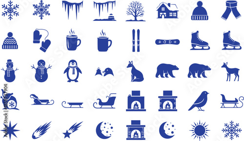 A collection of 36 blue silhouette icons featuring various objects and animals