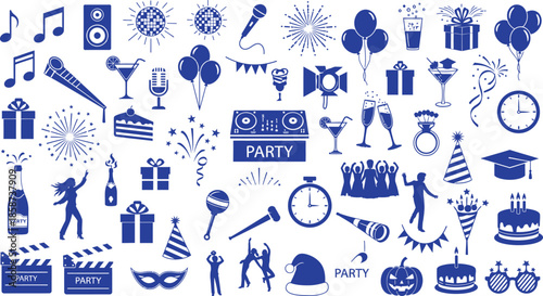 Party icons and symbols in blue on white background for celebrations and events