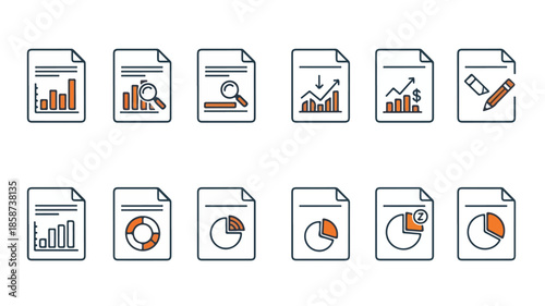 A collection of document icons featuring various business charts and graphs on a white background with orange and gray elements.
