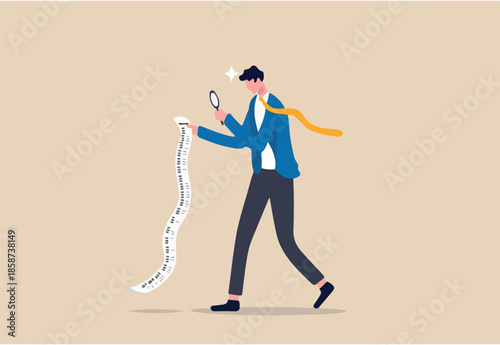 Paying bills, cost and expense analysis for business or personal finance concept, smart businessman using magnifying glass to analyze budget, income tax or expense on long invoice receipt paper