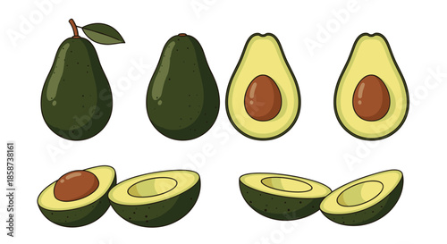 Bright green avocados are shown as whole fruits and cut halves with a seed in the middle on a clean white background highlighting freshness and variety.