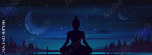Silhouette of a meditating Buddha under a crescent moon and starry night sky with a forest in the background.