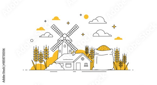 Peaceful rural landscape with a windmill a barn and a silo surrounded by wheat fields under a bright sky with clouds a sun and small stars in the distance