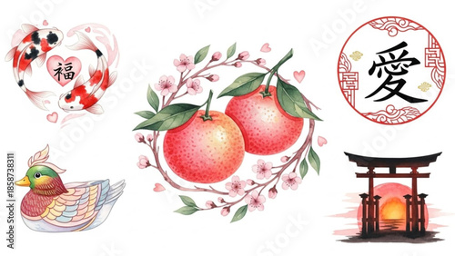 Watercolor Asia Love Set – Valentine’s Day Illustrations with Asian Symbols of Love