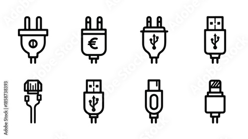 A set of eight black and white icons depicting various electrical connectors and plugs on a plain white background.