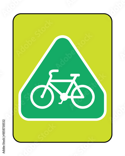 High-Visibility Neon Yellow Bicycle Route Sign with Green Icon and White Bike Silhouette for Designated Cycling Paths and Trail Safety - Professional Vector Stock Image