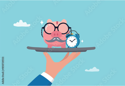 Pension fund investment for retirement, saving or wealth rich senior elderly adult, earning or profit, future value or growth for retirement planning concept, senior piggybank with alarm clock.