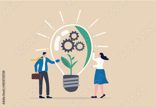 ESG, Environmental, Social and Corporate Governance, company responsibility to care world environment and people concept, business people touch light bulb with seedling green plant and governance gear