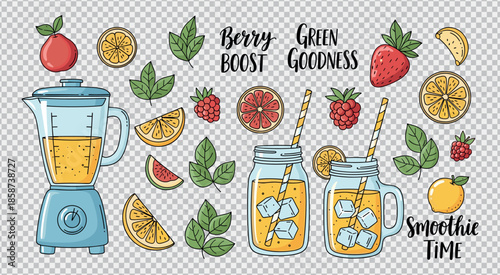 Doodle style collection of fruits blender jar drinks and typography elements for smoothies