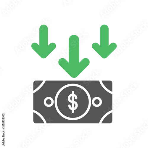 Dollar bill with downward arrows symbolizing expense or financial decrease