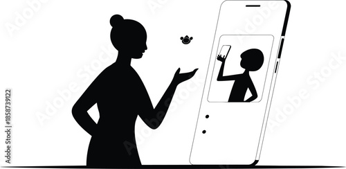 Silhouette of a woman interacting with a child on a smartphone screen via video call