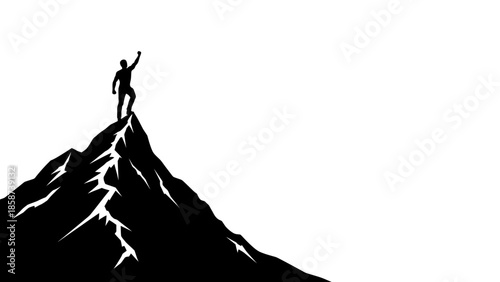 Triumphant person standing on mountain peak with arms raised