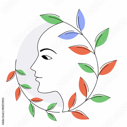 Minimal female face outline combined with a leaf motif, representing the fusion of nature and feminine identity.