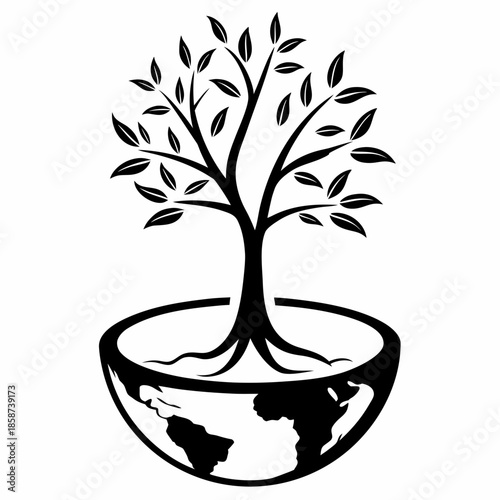 Minimal tree inside planet Earth outline, symbolizing environmental protection, global growth, and ecological balance.