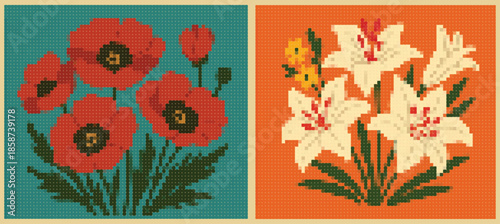 Collection of flower market posters in halftone dot matrix style