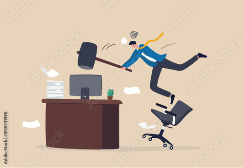 Frustration and chaos from computer problem or tech failure, stressful or anxiety from overworked or disappointment and mistake concept, frustrated businessman hitting to break computer with hammer.