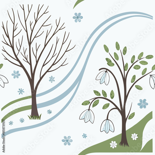 Seasonal transition wave from winter's January to spring's March, abstractly depicted with smooth curves.