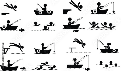 Set of black and white pictograms representing various water activities like swimming, diving, and fishing