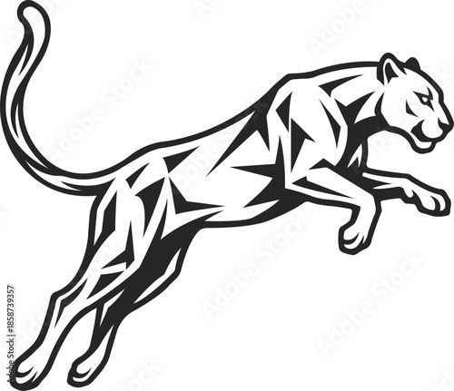 Geometric leaping panther illustration in black and white dynamic animal design