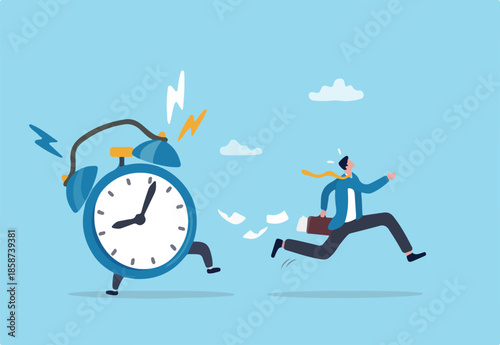 Late, hurry to go to work, rushing or running fast before deadline, speed or busy job, pressure or challenge to finish work in time, urgency concept, frustrated businessman hurry running to work late.