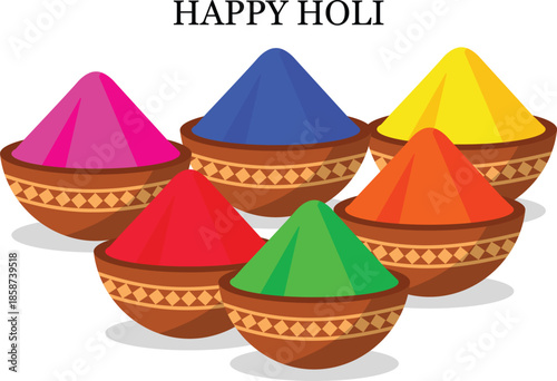Happy Holi festival colorful powders in clay bowls on white background vector illustration Keywords