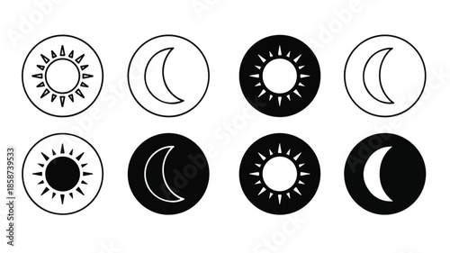 Flat lay of eight black and white sun and moon icons in various phases on a plain white background.