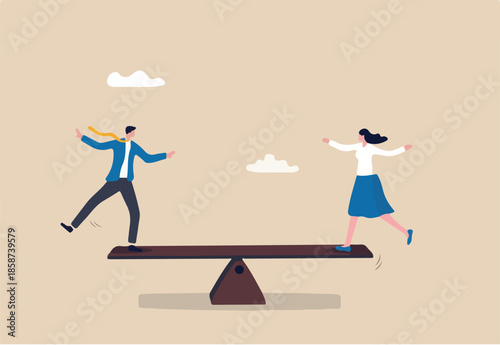 Gender equality, treat female and male equally, diversity or balance, fairness and justice concept, businessman and businesswoman balancing on equal seesaw