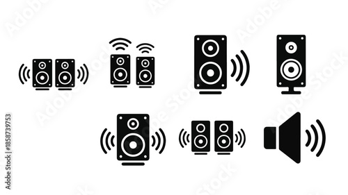 Graphic illustration of various speaker icons with sound waves on a white background.