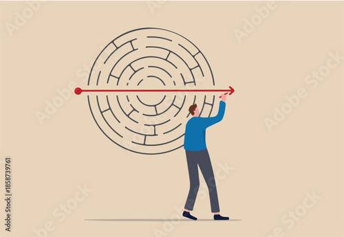 Solving business problem, creativity or imagination to think about solution, strategy and planning to business success concept, businessman solve labyrinth or maze puzzle by straight line arrow.