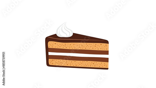 A colorful illustration of a delicious slice of chocolate layer cake with a white cream swirl on top
