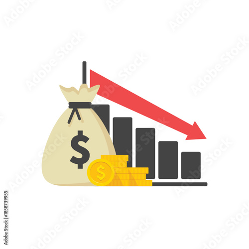 Financial decline illustration with sacks coins and bar graph
