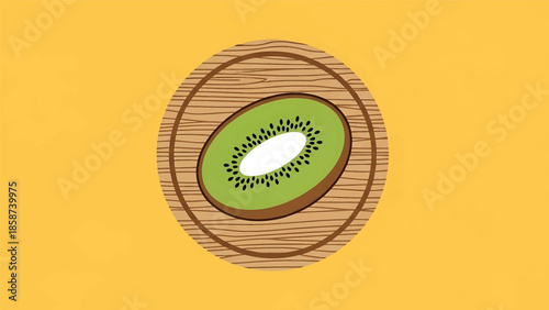 A cross-section of a ripe kiwi fruit on a round wooden cutting board, against a bright yellow background