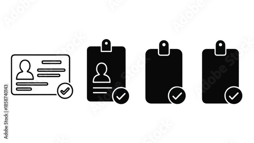 A set of four black and white clipboard icons with checkmarks on a plain white background.