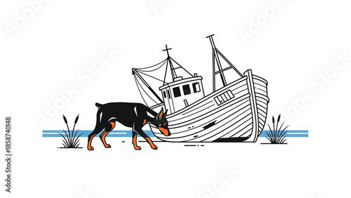 A black and tan dog walks along a shoreline featuring a large derelict fishing boat and reeds
