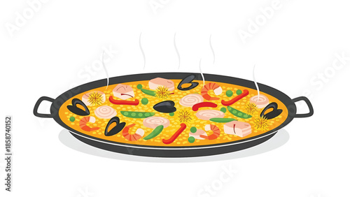 A steaming pan of colorful seafood and vegetable rice dish, garnished with saffron threads