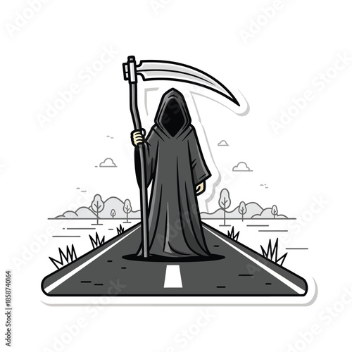 Solemn Grim Reaper walking on a long straight lonely road