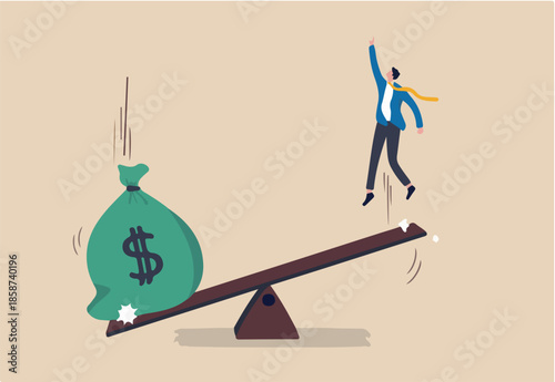 Business loan or venture capital funding to start new company or money help to survive crisis, stimulus budget concept, big money dollar bag fall on seesaw to help business owner jump flying high
