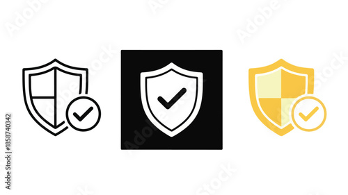 Flat lay of three shield icons with checkmarks in black, white, and gold on a clean white background.