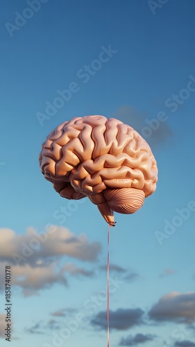 Human brain balloon floating in a blue sky with clouds symbolizing thought processes