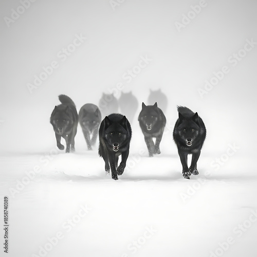 Pack of black wolves running through snowy landscape together