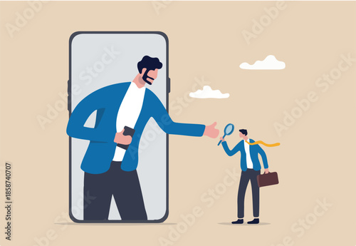 KYC, Know your customer process to identify user in online banking, cryptocurrency trading or cyber transaction concept, businessman using magnifying glass to analyze, identify user on smartphone app