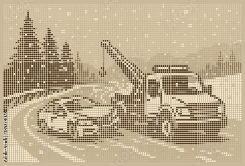 Car accident on icy winter road with tow truck halftone poster