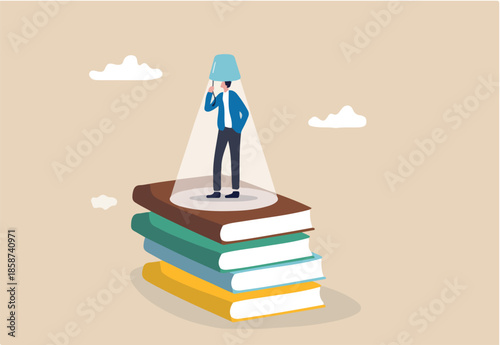 Knowledge is power, education or wisdom help solving problem, creativity, intelligence and innovation to develop solution concept, educated man stand on books staking turn on light bulb on his head