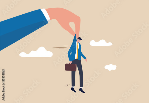 Company lay off employees due to Coronavirus COVID-19 pandemic causing economic recession concept, big boss employer's hand holding being fired businessman jobless employee to drop him out off office.