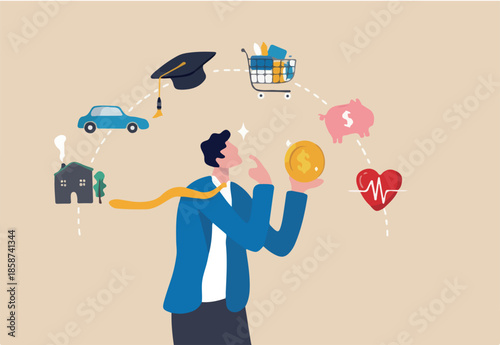 Budget planning, financial management to allocate expense or payment, income and saving, accounting concept, businessman holding money coin think about budget planning with expense categories