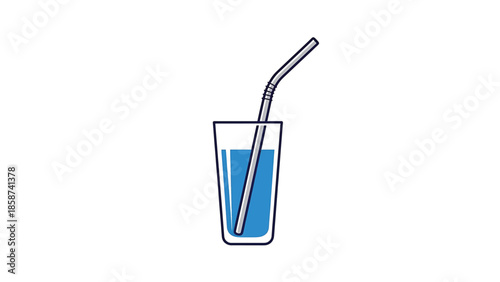 A simple illustration of a tall glass filled with blue liquid and a gray bendy straw, on white background